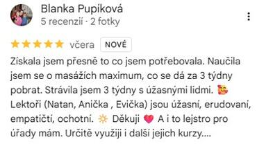 Reference ke kurzu: Rekvalifikační masérský kurz od Blanka Pupíková - Google Recenze