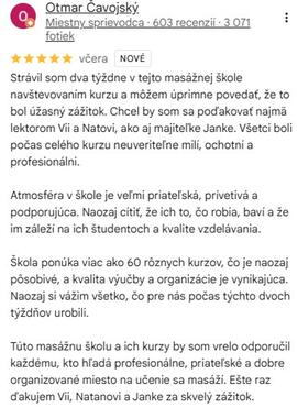 Reference ke kurzu: Základní masérský kurz přípravný (rekvalifikační) od Otmar Čavojský - Google Recenze
